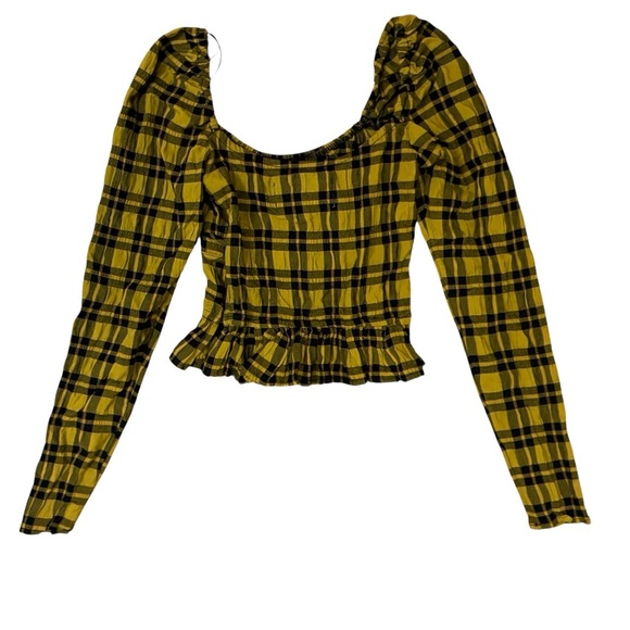 NWT WRAY Salma Top Gold Yellow Plaid Plad Size XXS Peplum Blouse Long Sleeve - Picture 3 of 9